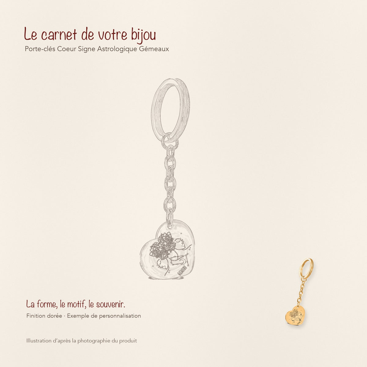Dessin au trait et photographie du porte-clés Coeur Signe Astrologique Gémeaux dans une composition de carnet manuscrit.