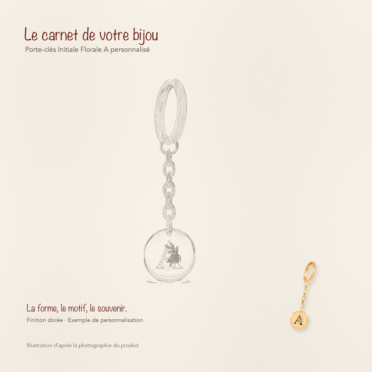 Dessin au trait et photographie du porte-clés Initiale Florale A Personnalisé dans une composition de carnet manuscrit.