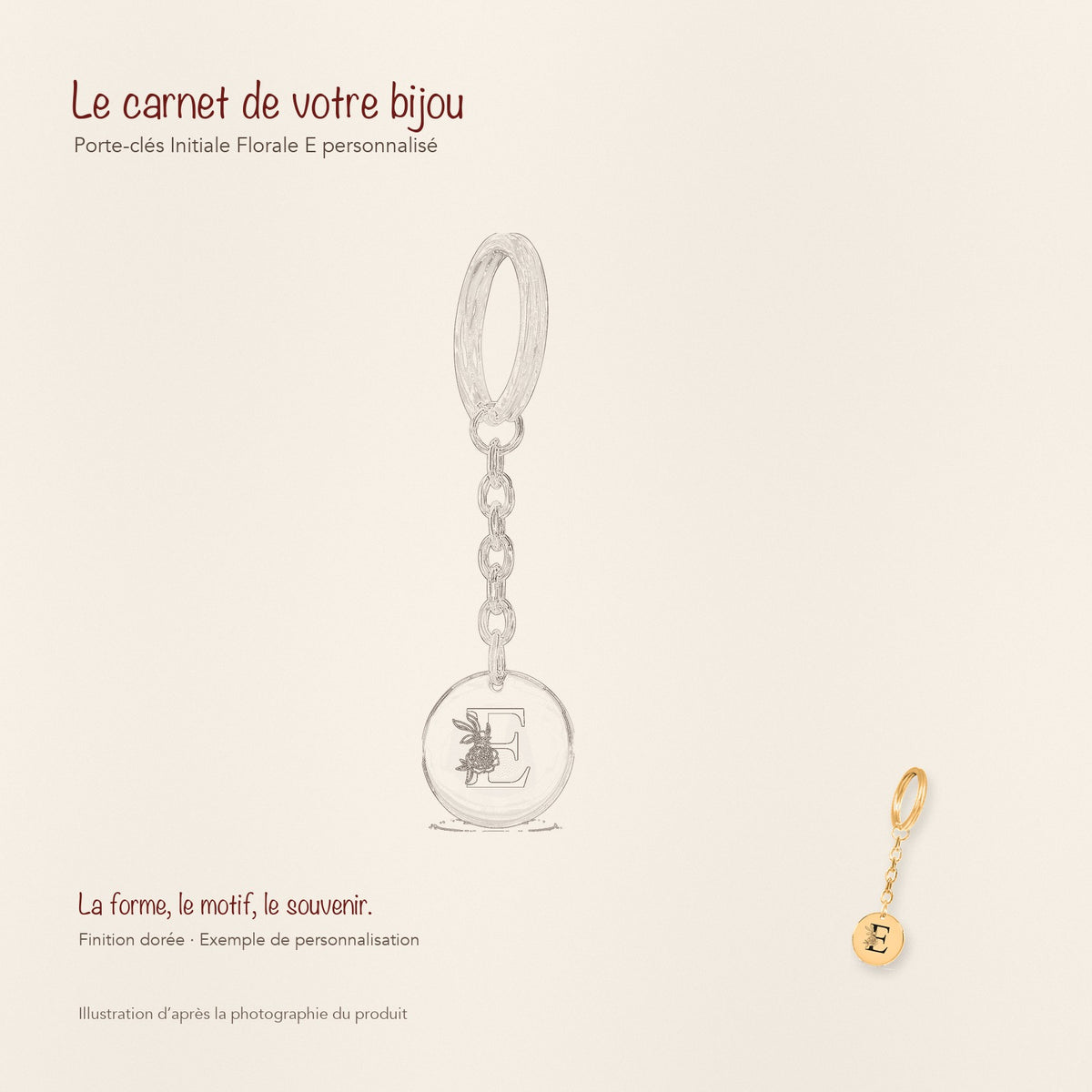Dessin au trait et photographie du porte-clés Initiale Florale E Personnalisé dans une composition de carnet manuscrit.
