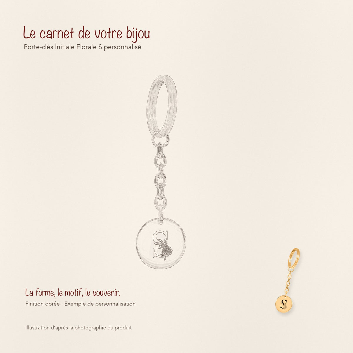 Dessin au trait et photographie du porte-clés Initiale Florale S Personnalisé dans une composition de carnet manuscrit.