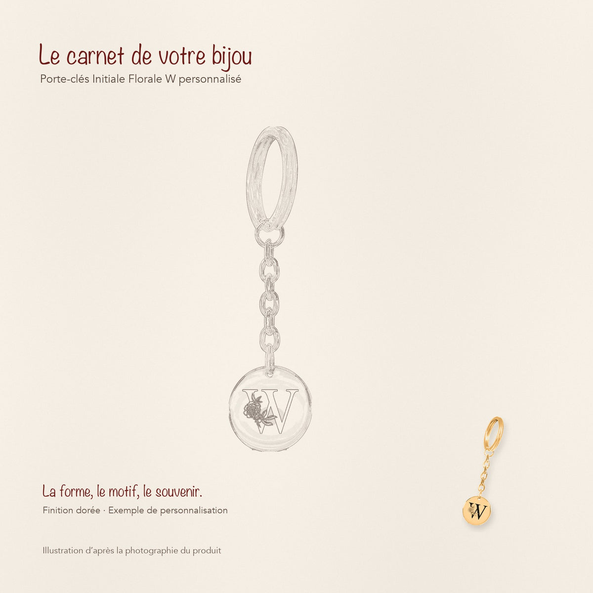 Dessin au trait et photographie du porte-clés Initiale Florale W Personnalisé dans une composition de carnet manuscrit.