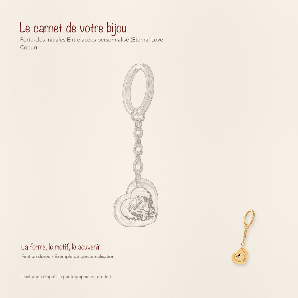 Dessin au trait et photographie du porte-clés Initiales Entrelacées Personnalisé (Eternal Love Coeur) dans une composition de carnet manuscrit.