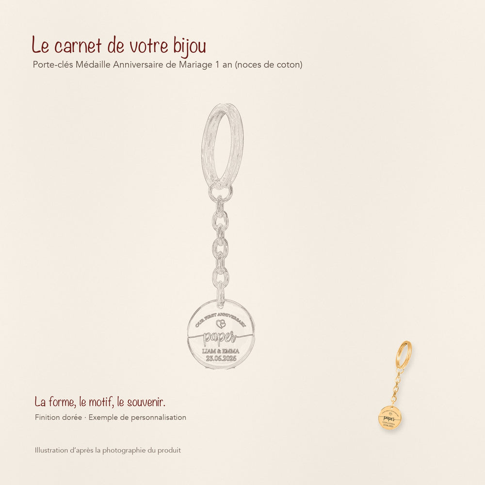 Dessin au trait et photographie du porte-clés Médaille Anniversaire de Mariage 1 an (noces de coton) dans une composition de carnet manuscrit.