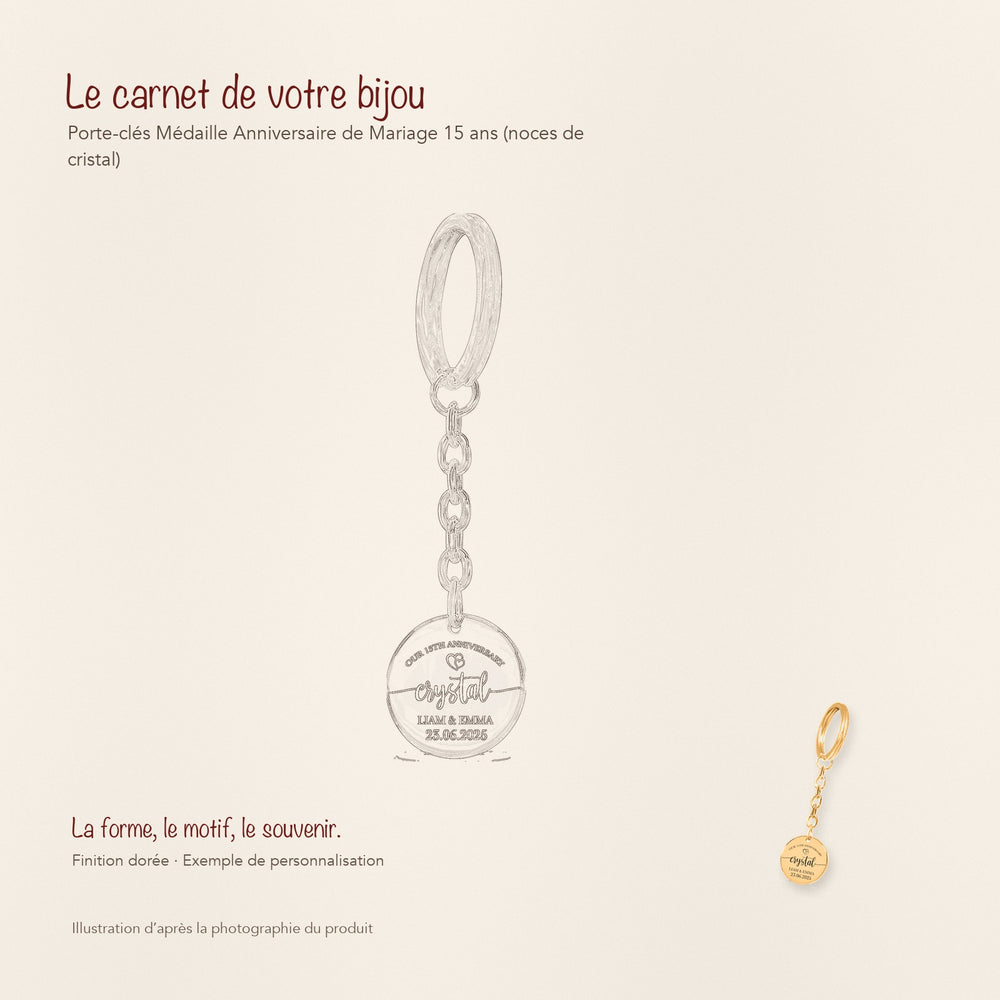 Dessin au trait et photographie du porte-clés Médaille Anniversaire de Mariage 15 ans (noces de cristal) dans une composition de carnet manuscrit.