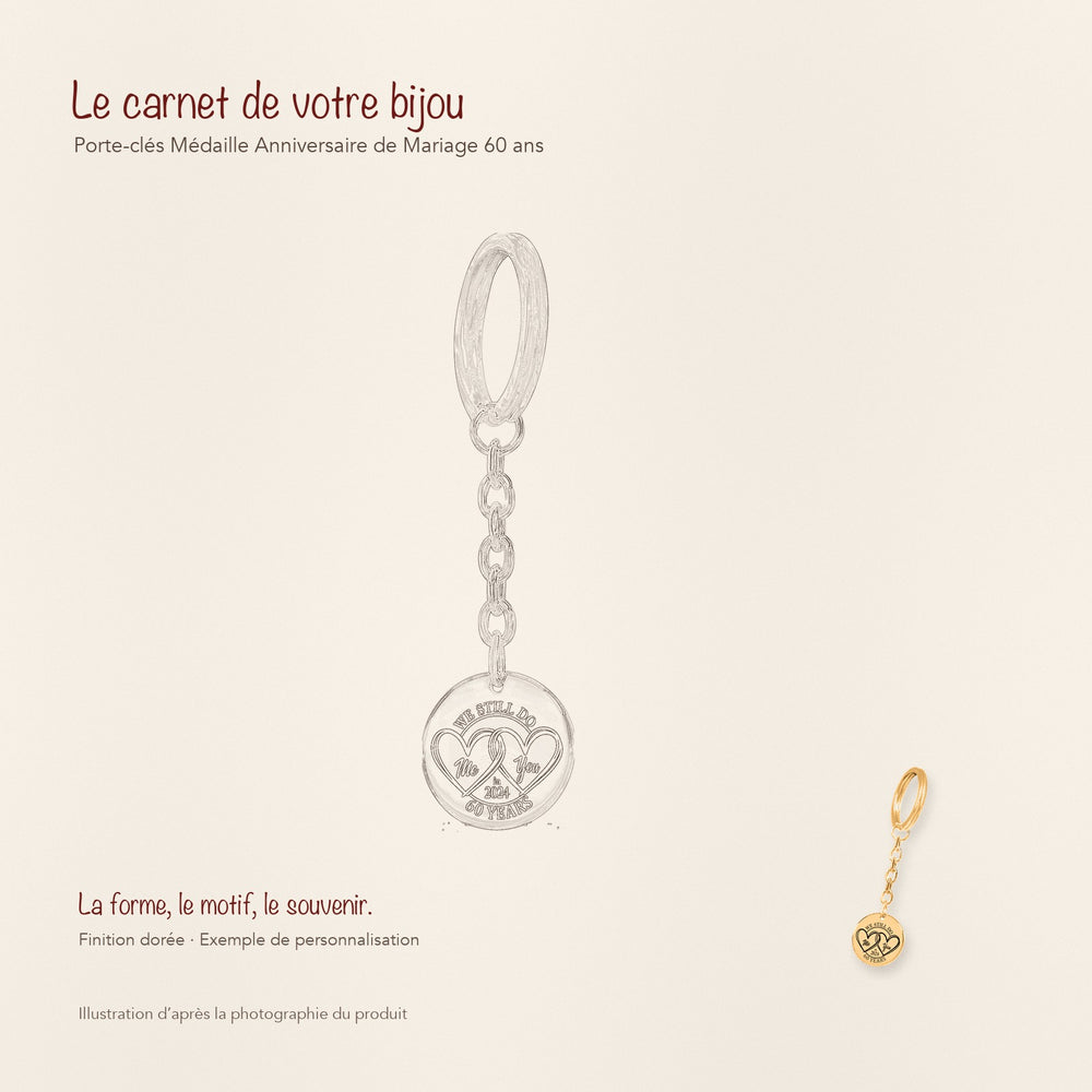 Dessin au trait et photographie du porte-clés Médaille Anniversaire de Mariage 60 ans dans une composition de carnet manuscrit.