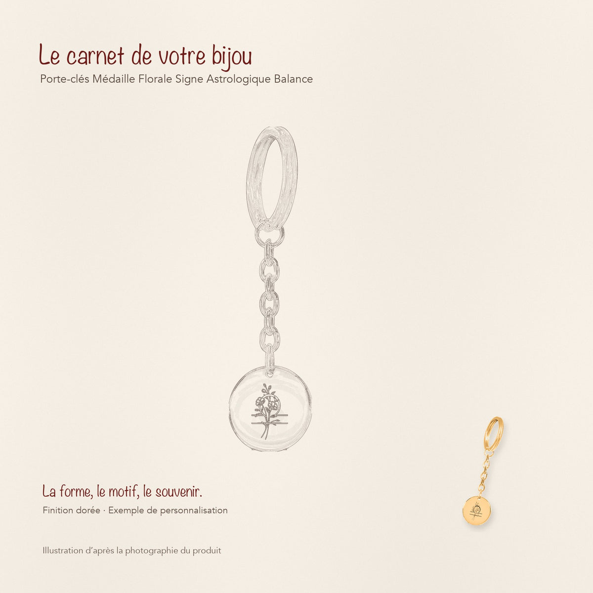 Dessin au trait et photographie du porte-clés Médaille Florale Signe Astrologique Balance dans une composition de carnet manuscrit.