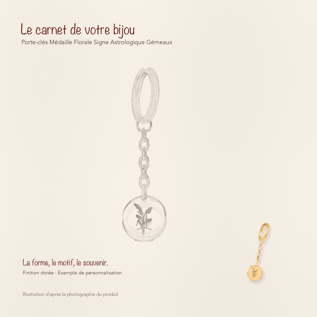 Dessin au trait et photographie du porte-clés Médaille Florale Signe Astrologique Gémeaux dans une composition de carnet manuscrit.