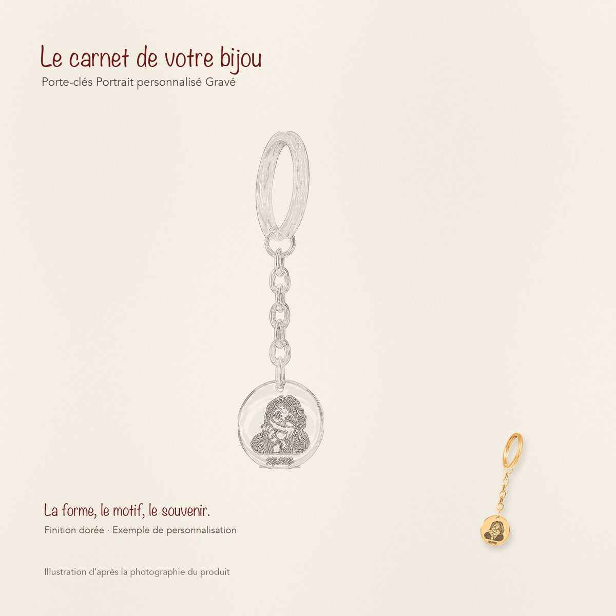 Dessin au trait et photographie du porte-clés Portrait Personnalisé Gravé dans une composition de carnet manuscrit.