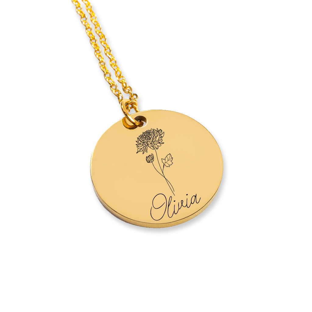 Collier personnalisé avec prénom gravé et fleur de naissance, acier inoxydable — vue 2