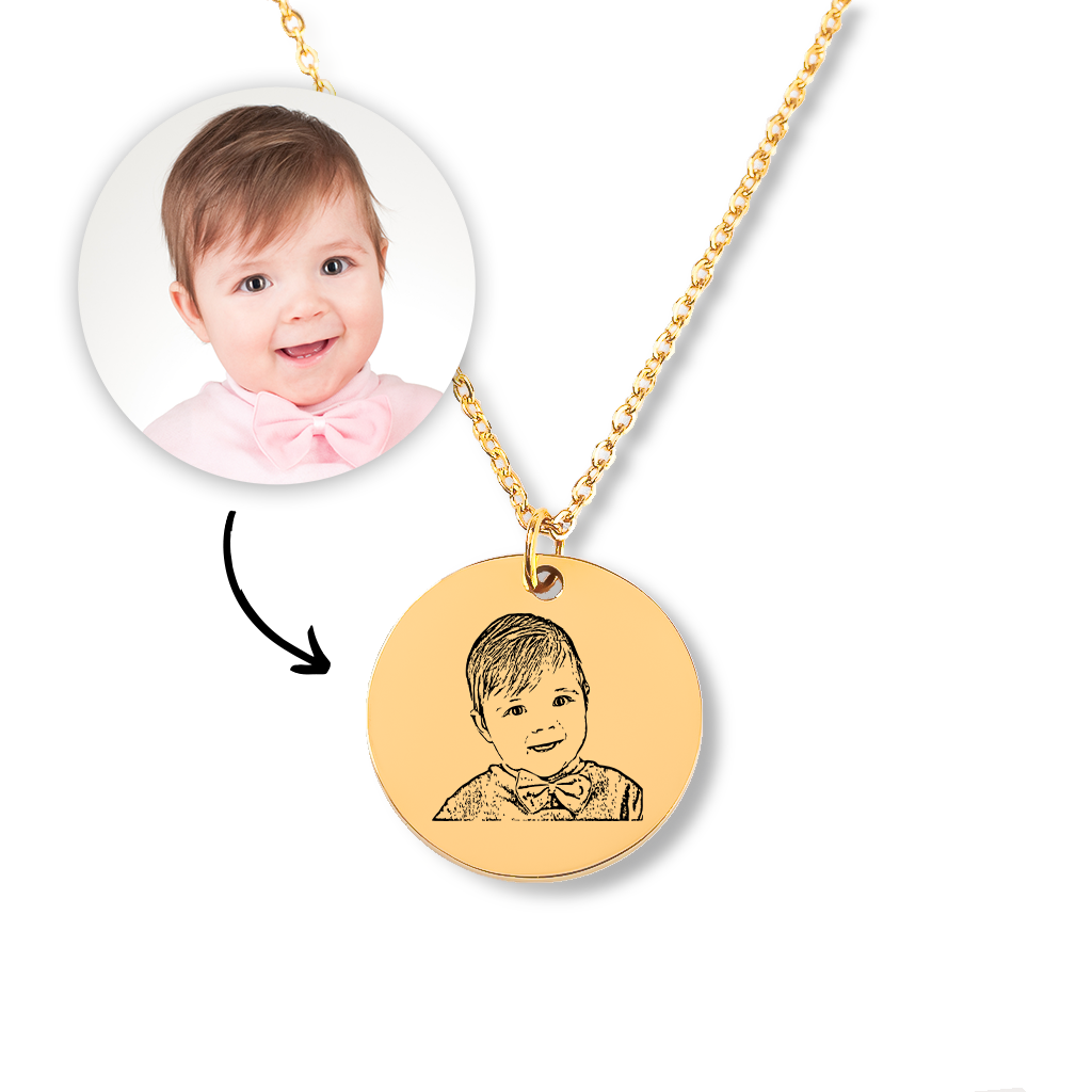 Collier personnalisé portrait de bébé gravé sur pendentif, acier inoxydable — vue 1