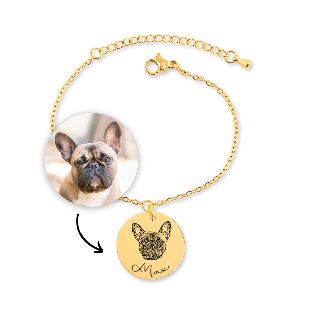 Bracelet personnalisé gravé portrait de chien d'après photo, acier inoxydable