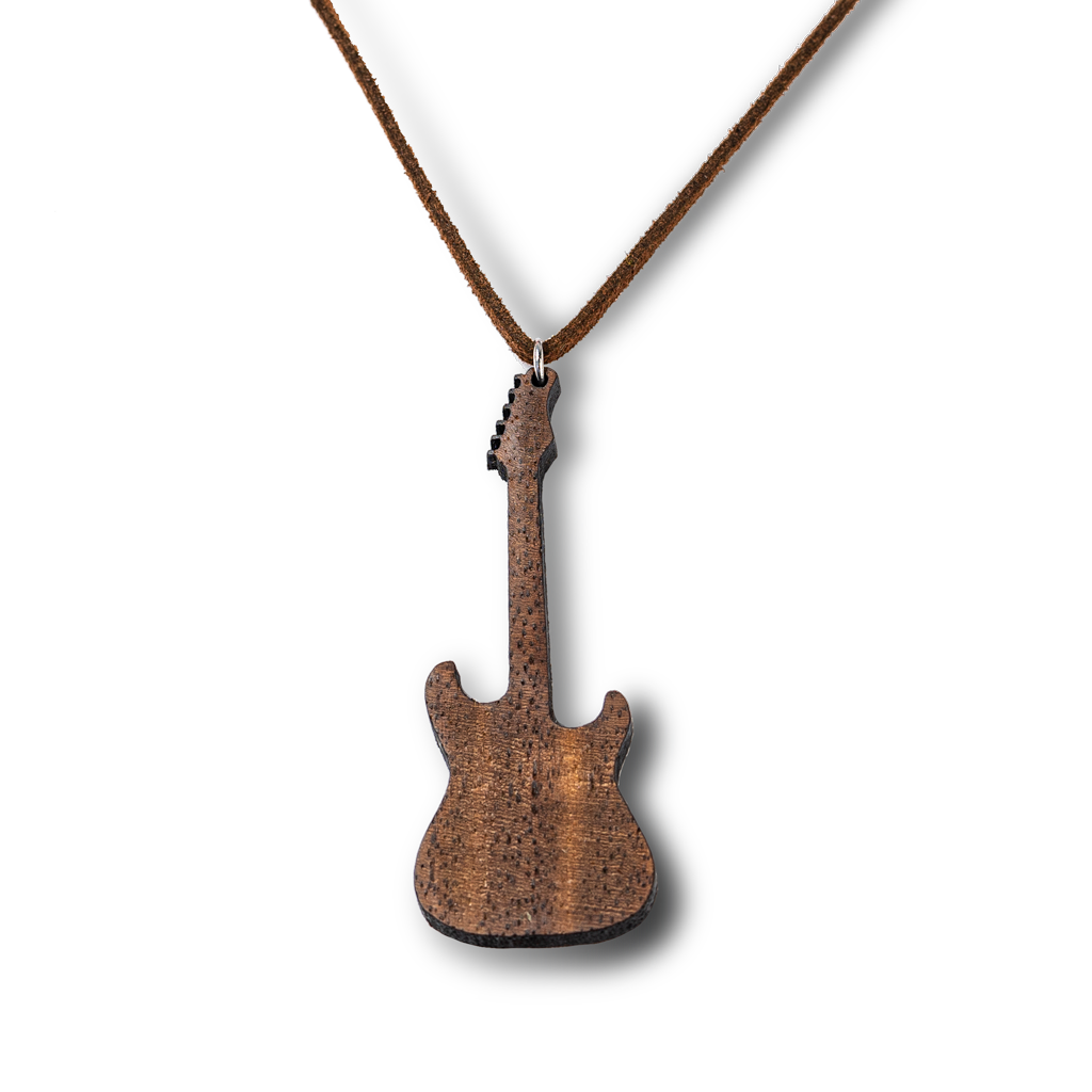 Collier guitare Fender en bois de noyer personnalisé, message gravé, cordon en cuir