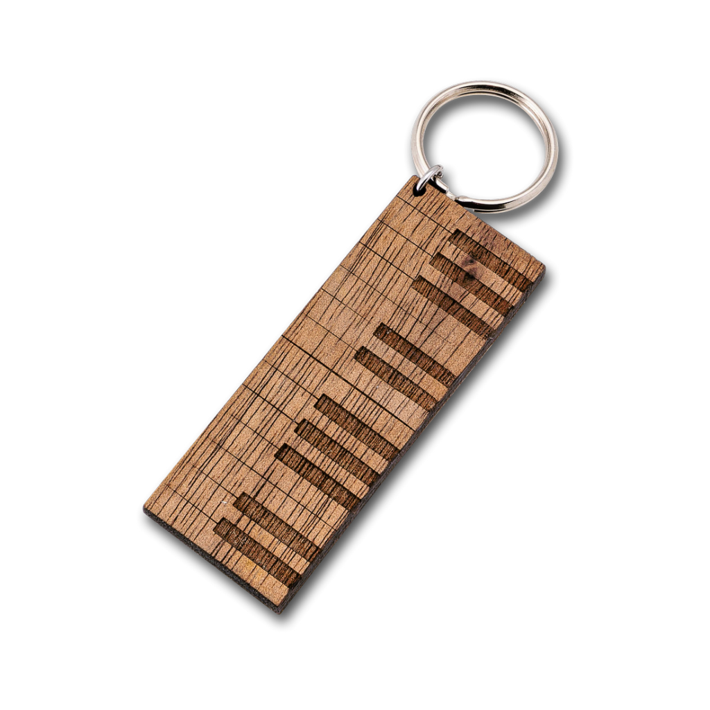Porte-clés en bois de piano personnalisé avec message gravé, noyer et acier inoxydable — vue 1
