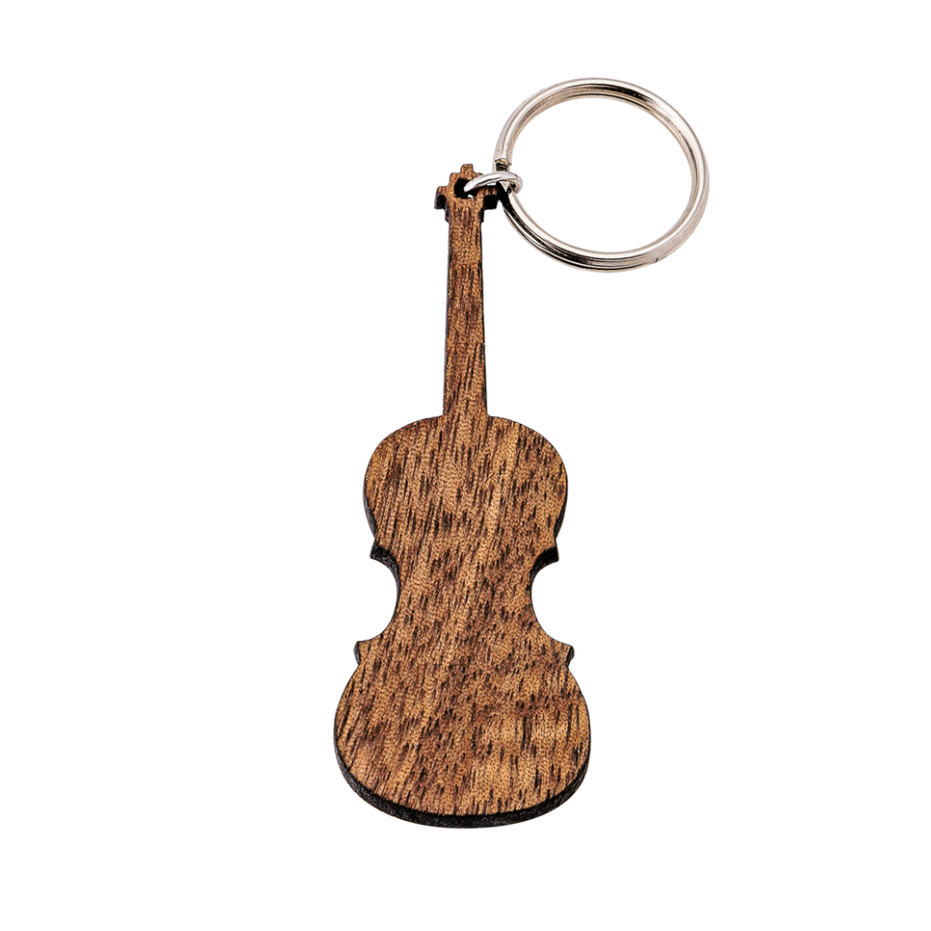 Porte-clés en bois de violon personnalisé avec message gravé, noyer et acier inoxydable — vue 1