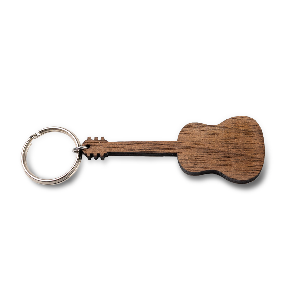 Porte-clés en bois de guitare personnalisé avec message gravé, noyer et acier inoxydable — vue 2