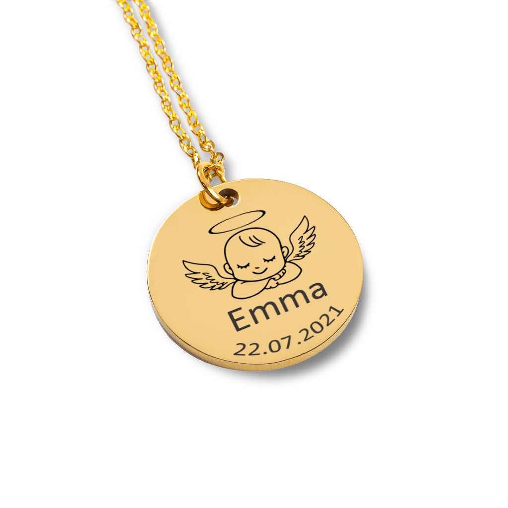 Collier bébé ange personnalisé, prénom et date de naissance gravés — vue 2