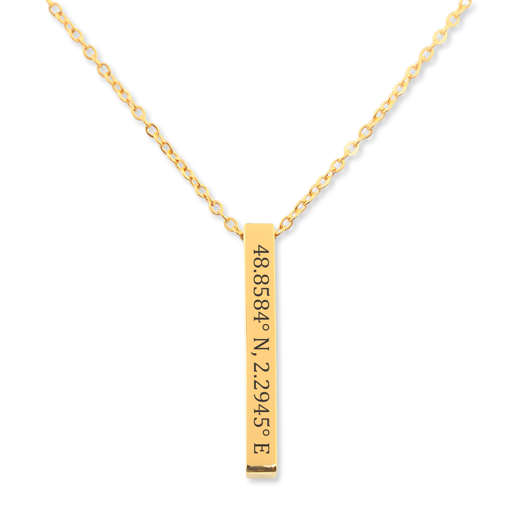 Collier coordonnées GPS personnalisé, pendentif barre gravé en acier inoxydable — vue 1