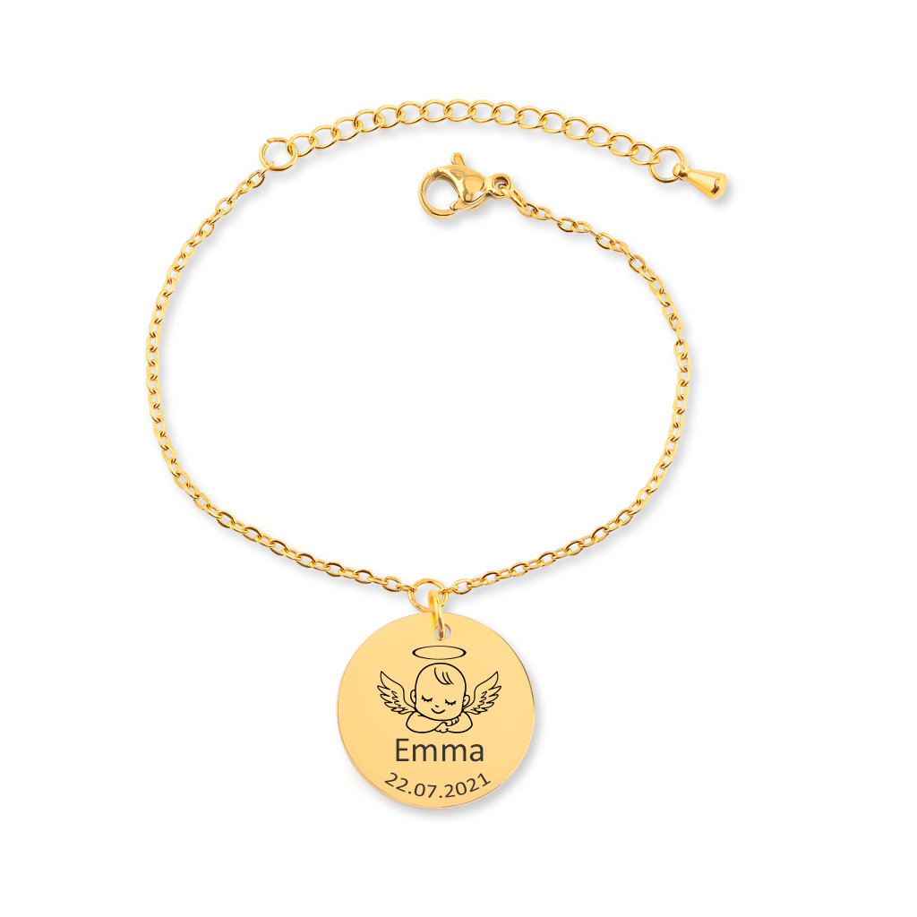 Bracelet personnalisé bébé ange gravé avec prénom et date de naissance, acier inoxydable — vue 1