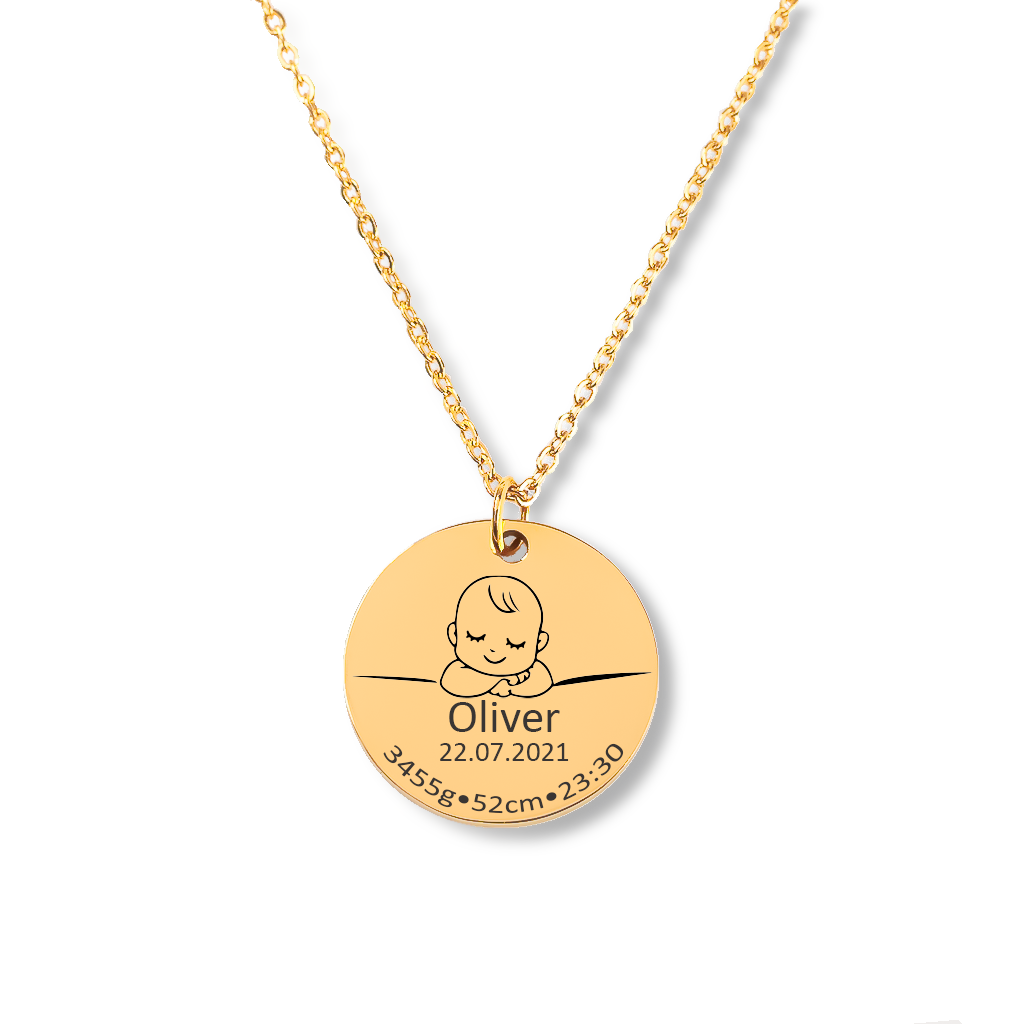 Collier de naissance personnalisé gravé prénom et détails de naissance de bébé, acier inoxydable