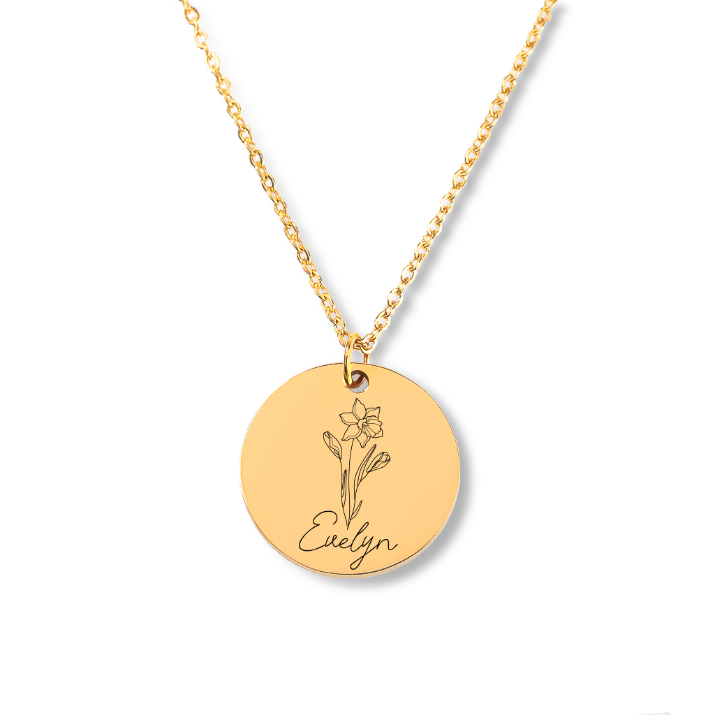 Collier personnalisé avec prénom gravé et fleur de naissance, acier inoxydable — vue 1
