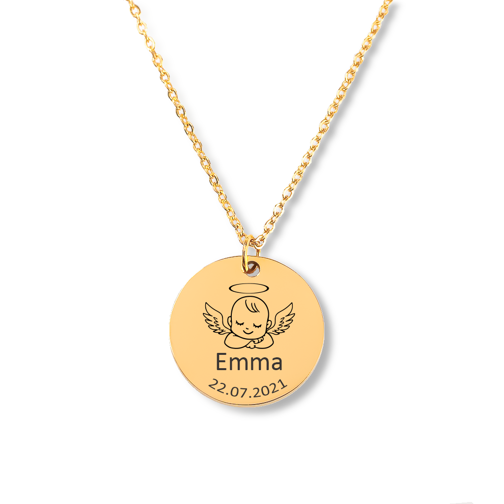 Collier bébé ange personnalisé, prénom et date de naissance gravés — vue 1