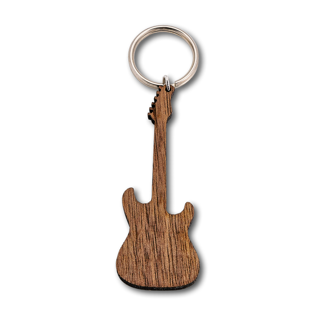 Porte-clés en bois personnalisé guitare Fender avec message gravé, noyer et acier inoxydable — vue 1