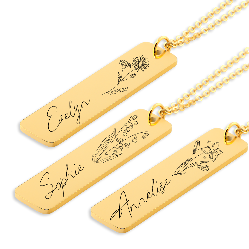 Collier prénom vertical gravé avec fleur de naissance, acier inoxydable — vue 3