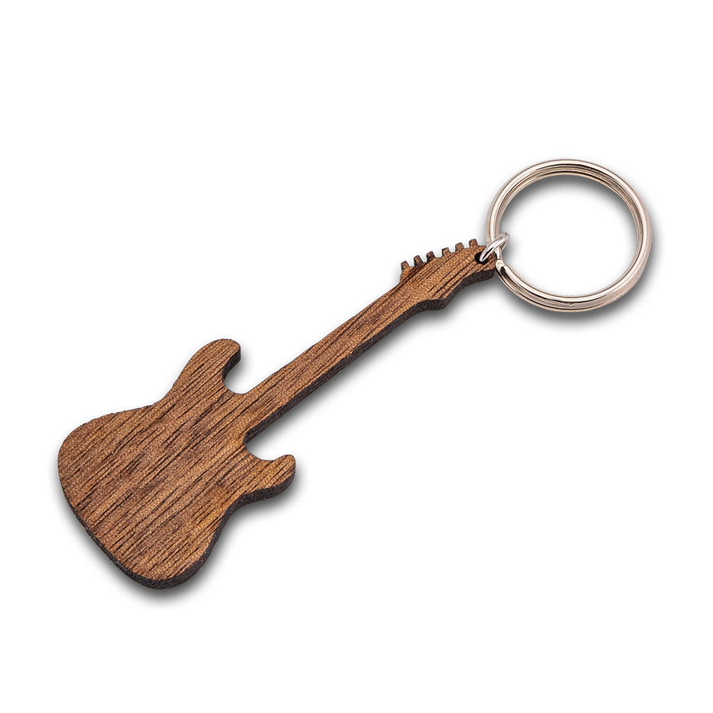 Porte-clés en bois personnalisé guitare Fender avec message gravé, noyer et acier inoxydable — vue 3