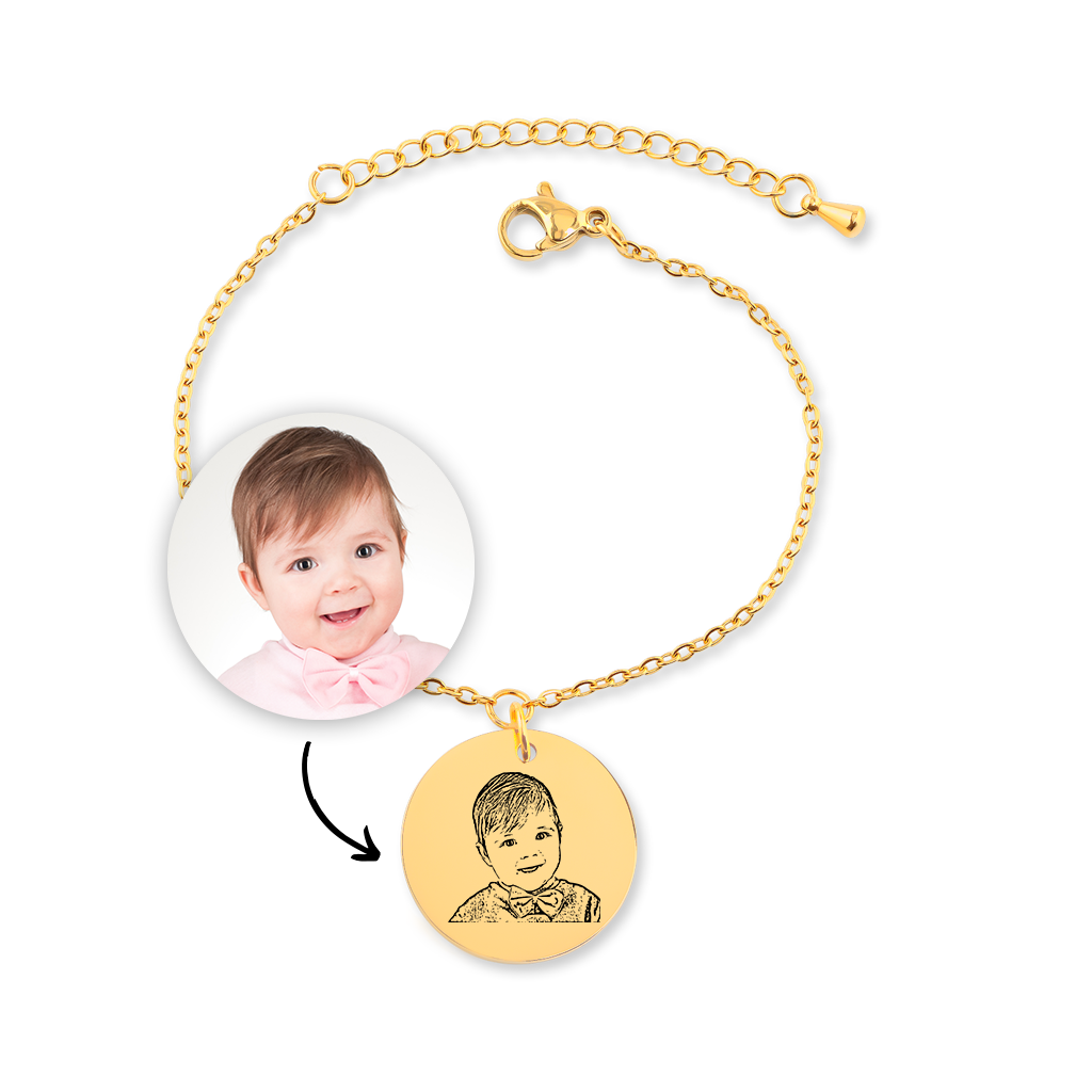 Bracelet personnalisé gravé avec portrait de bébé d'après photo, acier inoxydable