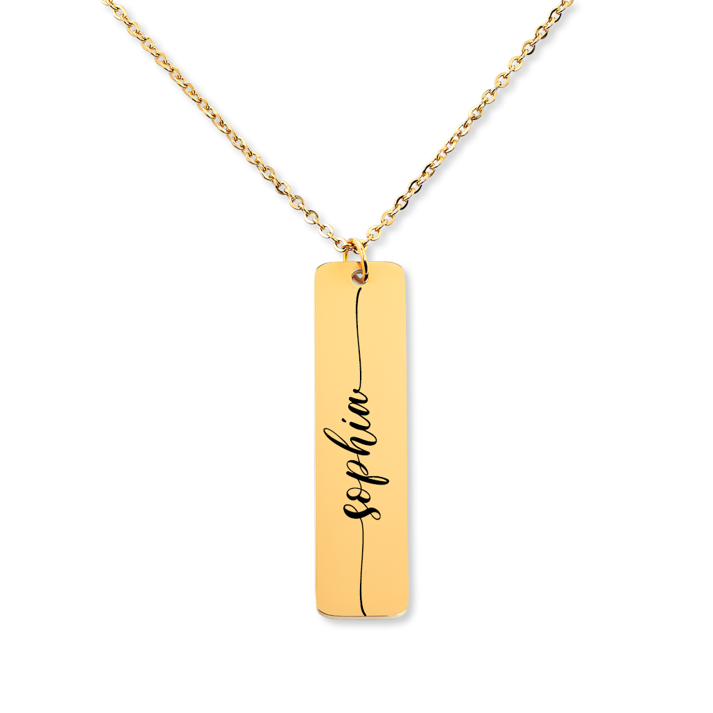 Collier prénom vertical personnalisé gravé sur pendentif barre, acier inoxydable — vue 1