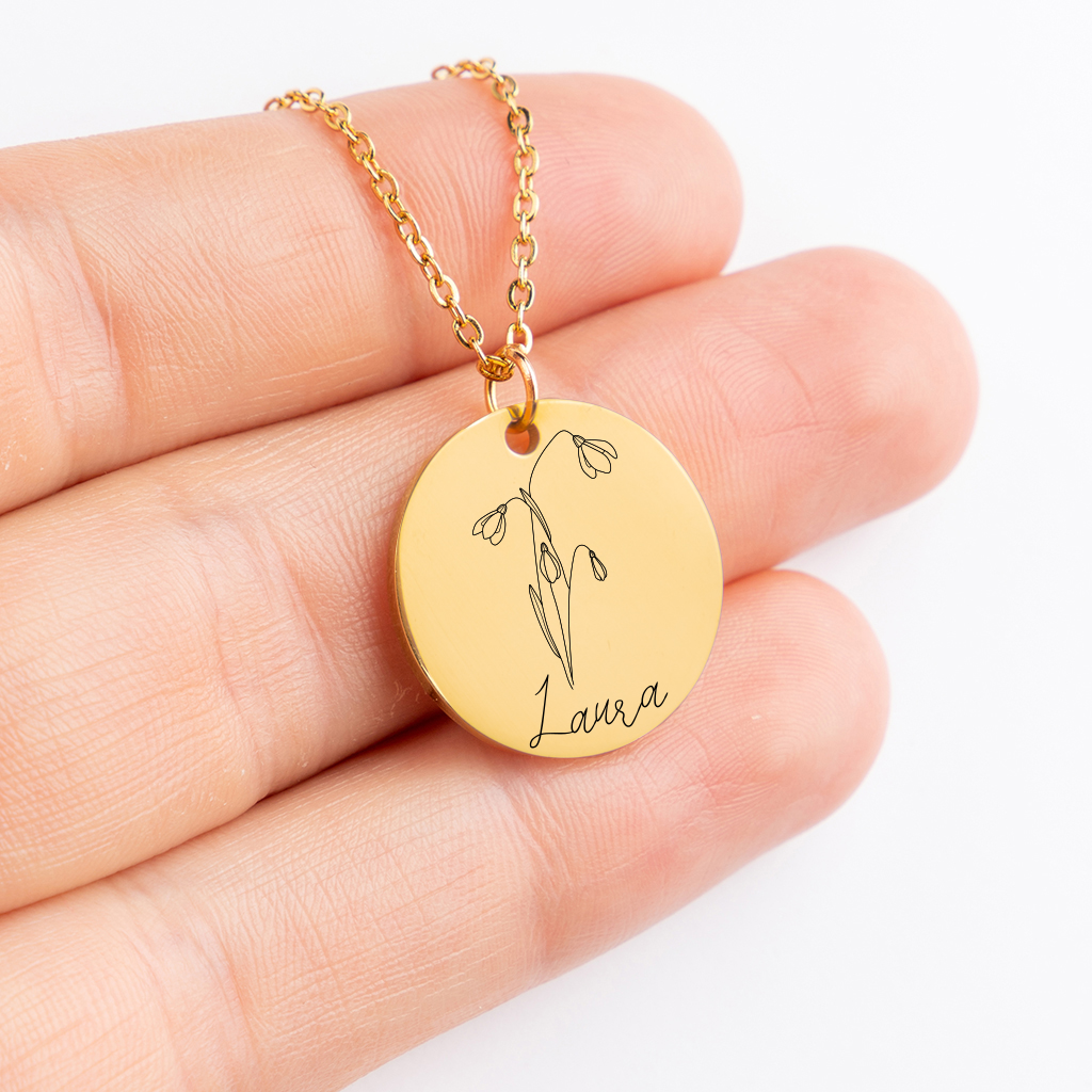 Collier personnalisé avec prénom gravé et fleur de naissance, acier inoxydable — vue 3