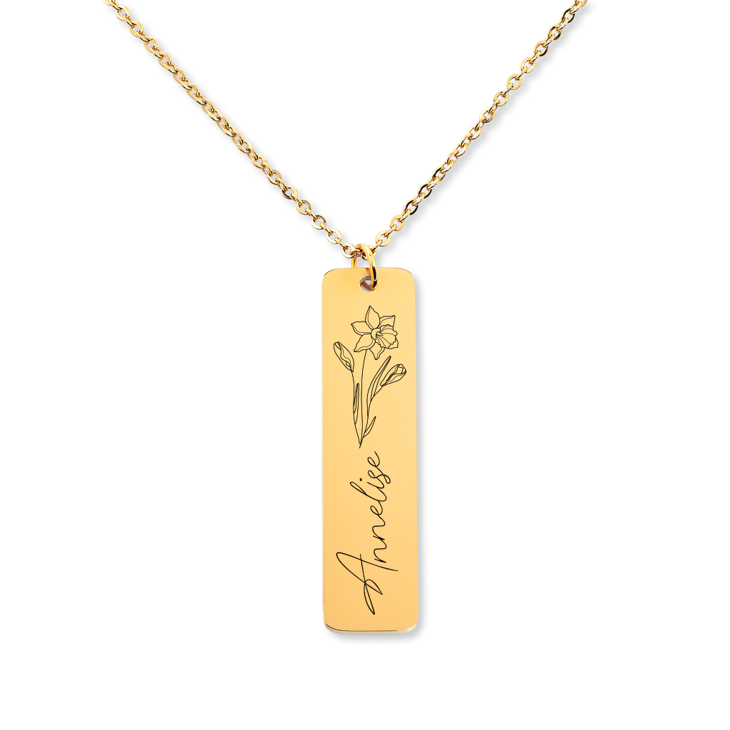 Collier prénom vertical gravé avec fleur de naissance, acier inoxydable — vue 1