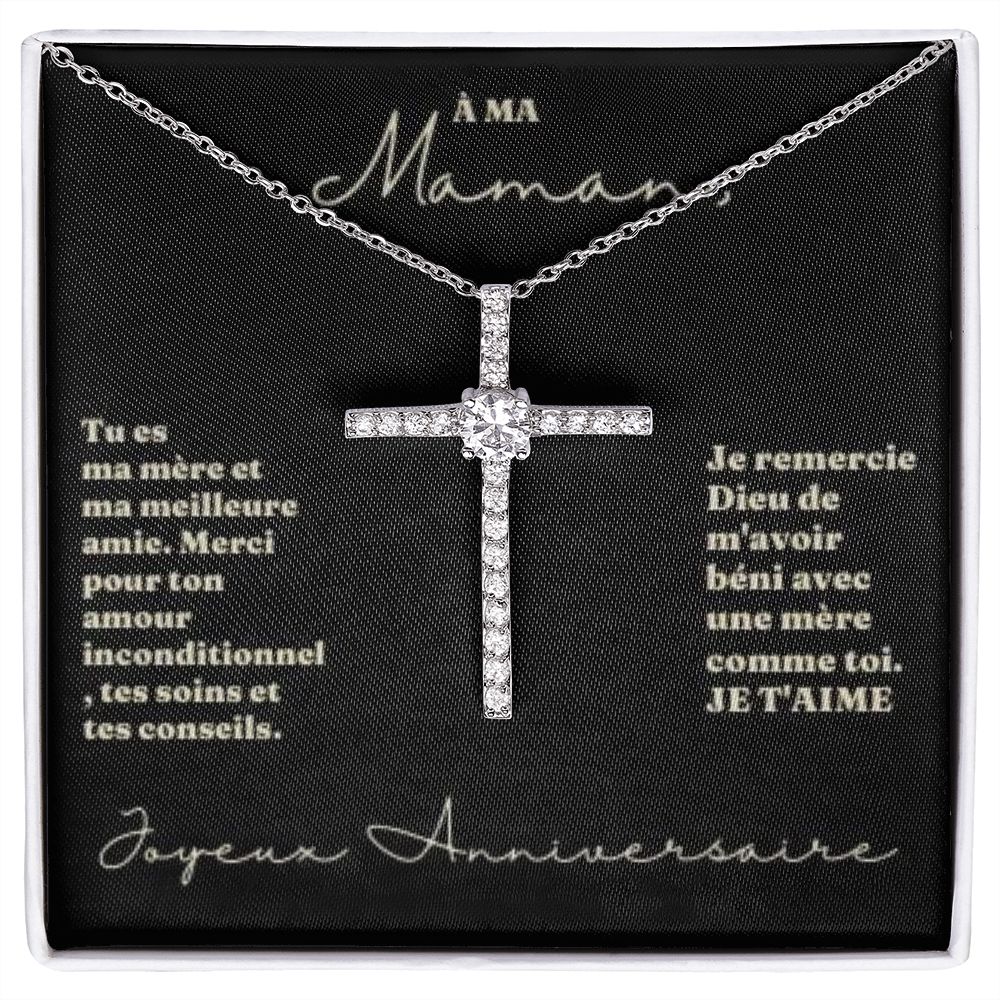 Collier Croix avec Cristal pour Maman | Or blanc