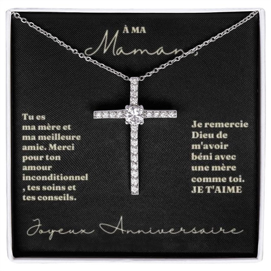 Collier Croix avec Cristal pour Maman | Or blanc