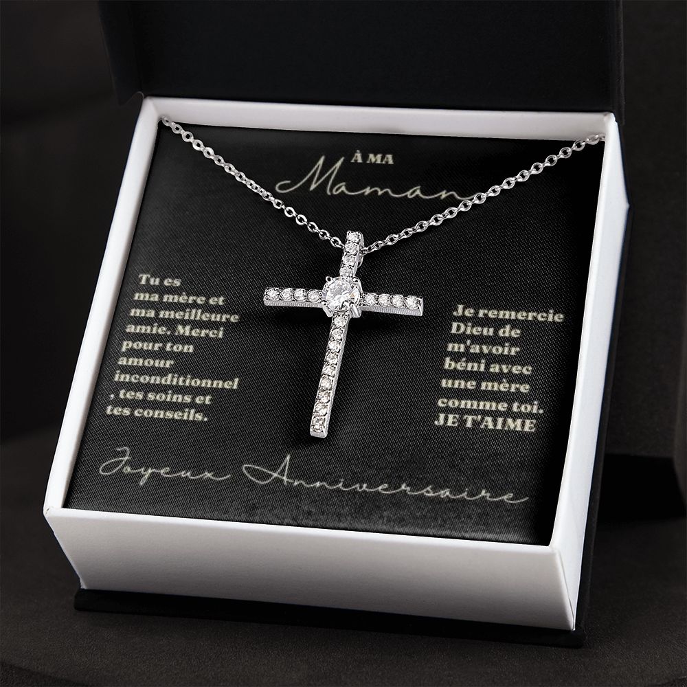 Collier Croix avec Cristal pour Maman | Or blanc
