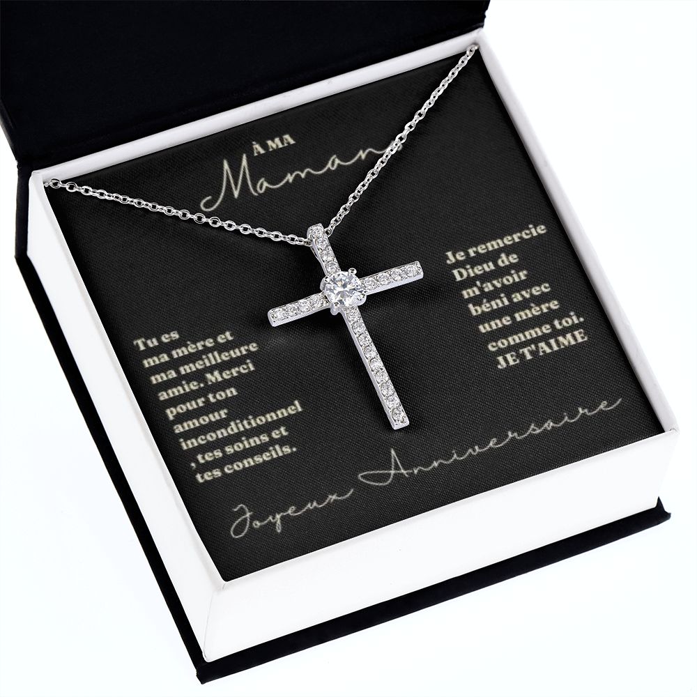 Collier Croix avec Cristal pour Maman | Or blanc