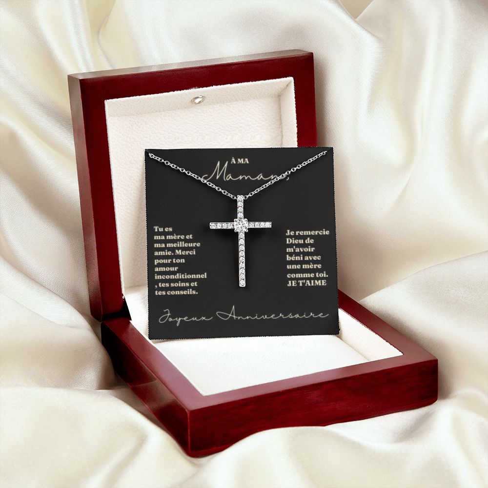 Collier Croix avec Cristal pour Maman | Or blanc