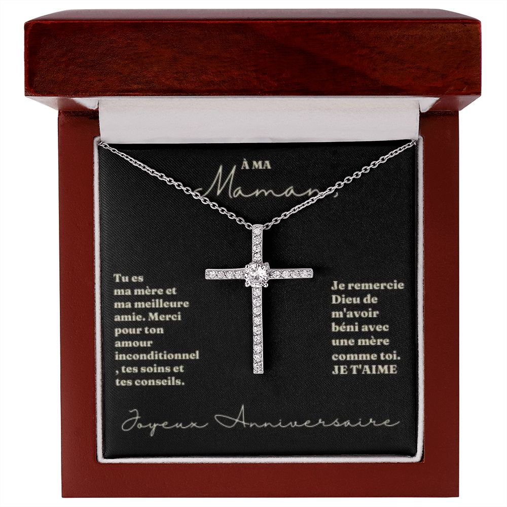 Collier Croix avec Cristal pour Maman | Or blanc