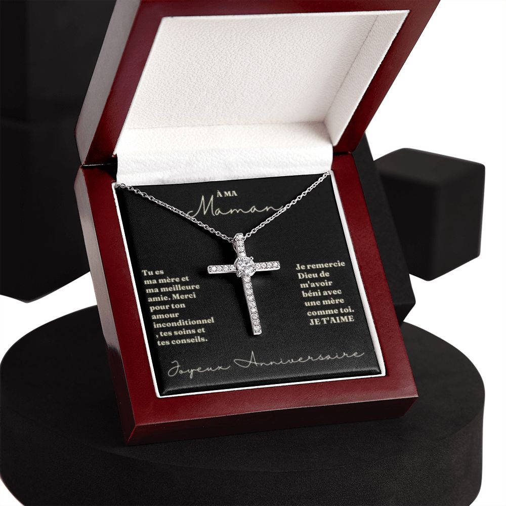 Collier Croix avec Cristal pour Maman | Or blanc