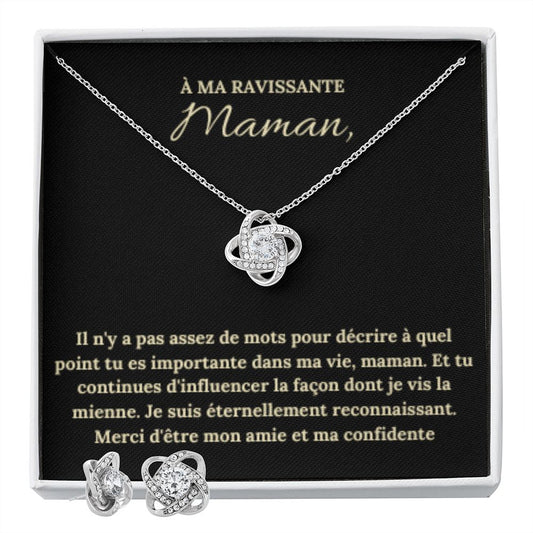 Collier Noeud d'amour et Boucles d'oreilles avec Message Personnalisable