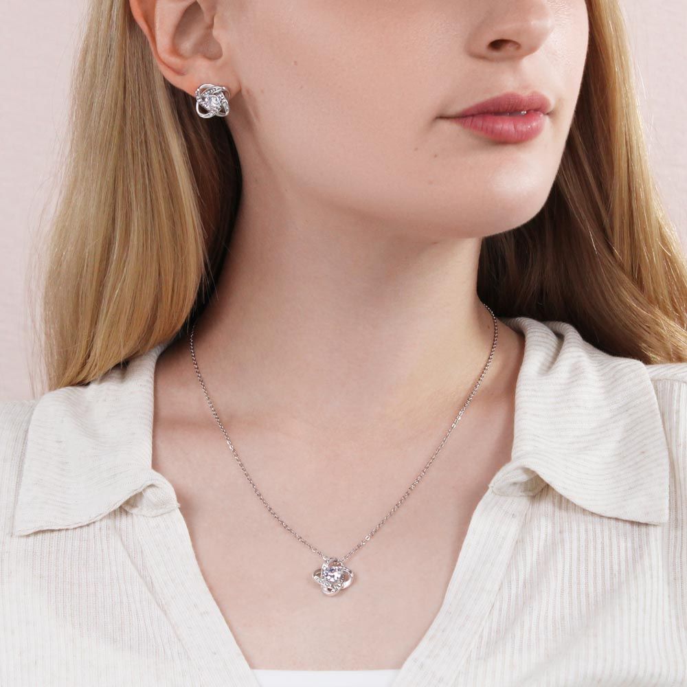 Collier Noeud d'amour et Boucles d'oreilles avec Message Personnalisable