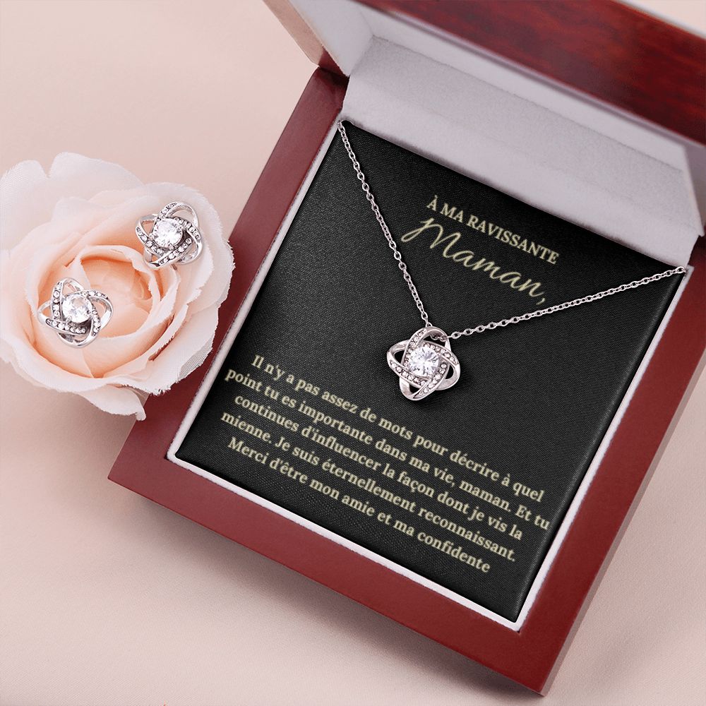 Collier Noeud d'amour et Boucles d'oreilles avec Message Personnalisable