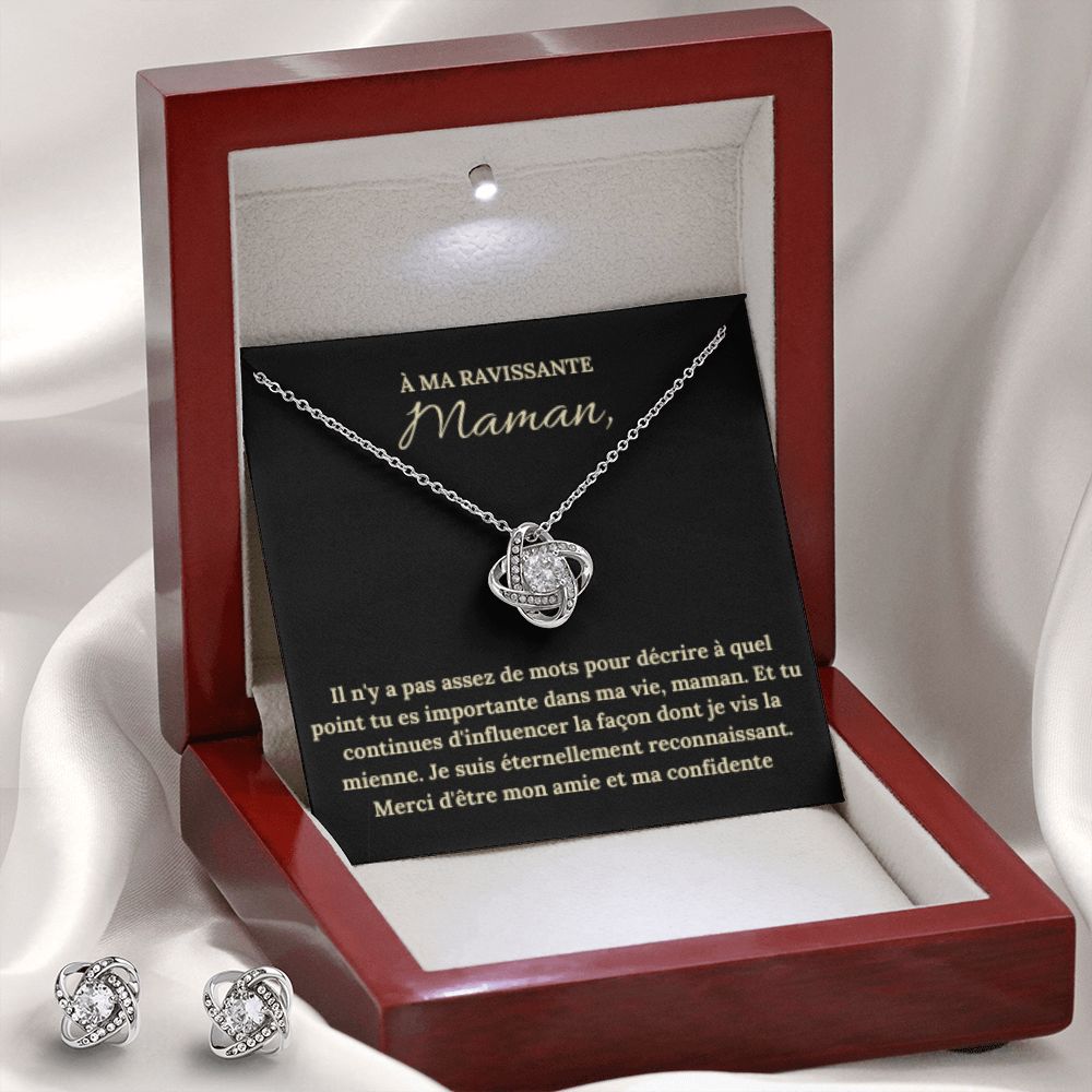 Collier Noeud d'amour et Boucles d'oreilles avec Message Personnalisable