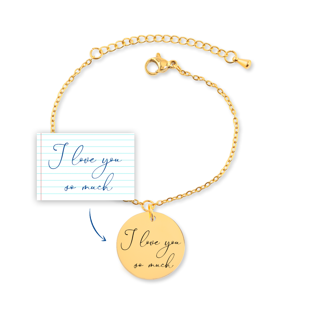 Bracelet personnalisé avec message écrit manuscrit gravé sur acier inoxydable — vue 1