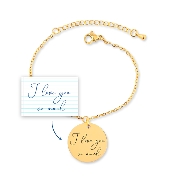 Bracelet personnalisé avec message écrit manuscrit gravé sur acier inoxydable — vue 1