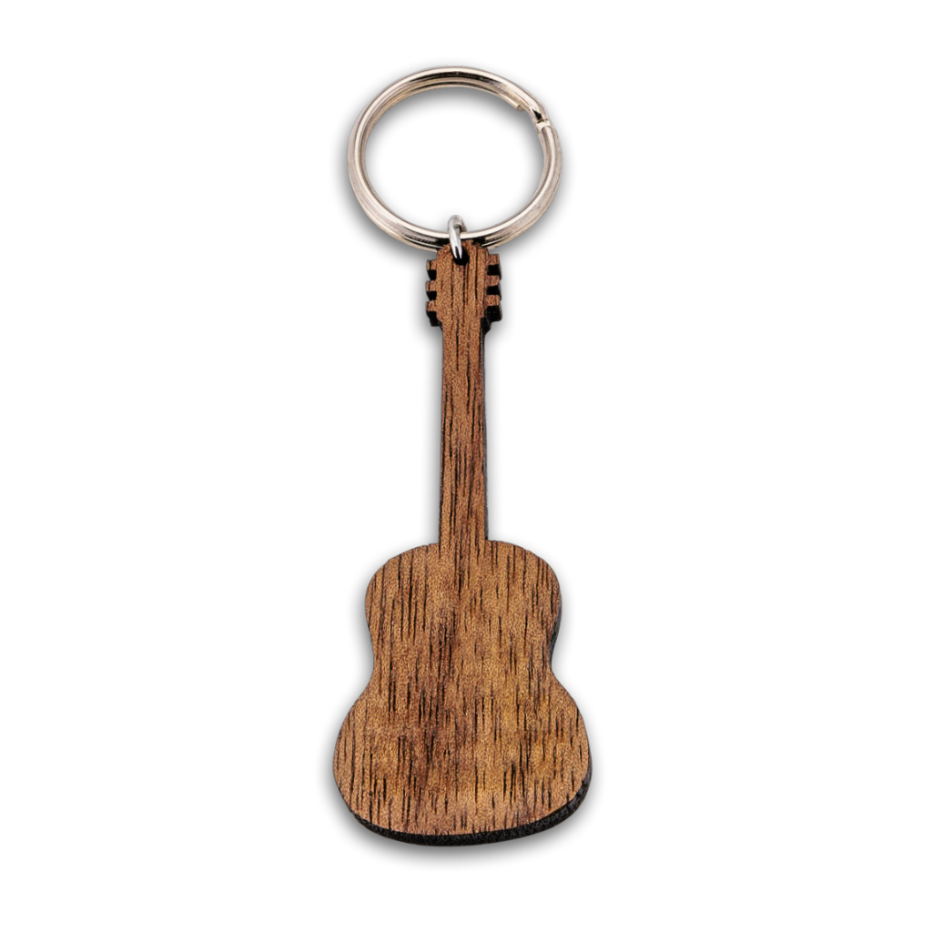 Porte-clés en bois de guitare personnalisé avec message gravé, noyer et acier inoxydable — vue 1