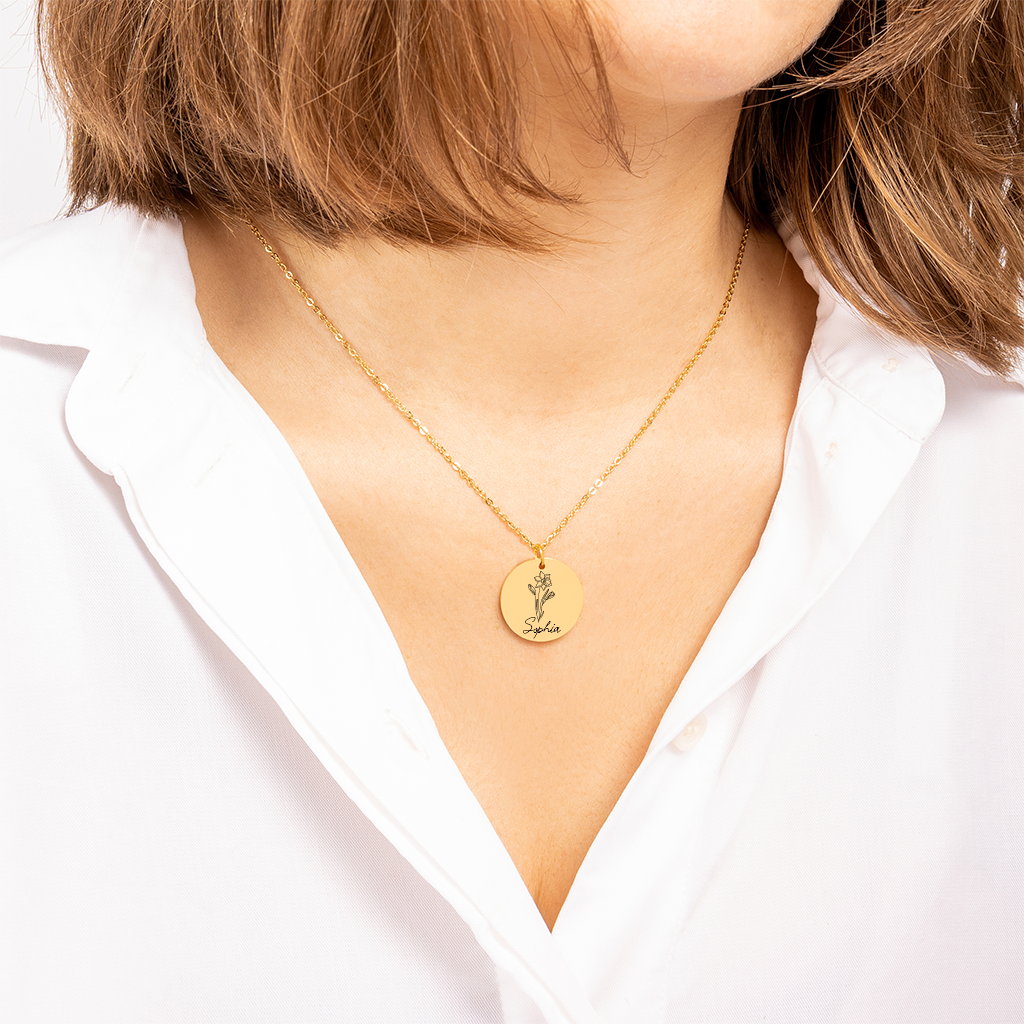 Collier personnalisé avec prénom gravé et fleur de naissance, acier inoxydable — vue 5