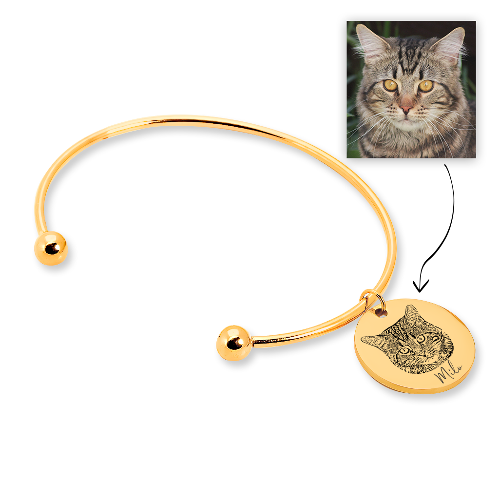 Bracelet jonc portrait chat personnalisé gravé d'après photo, acier inoxydable